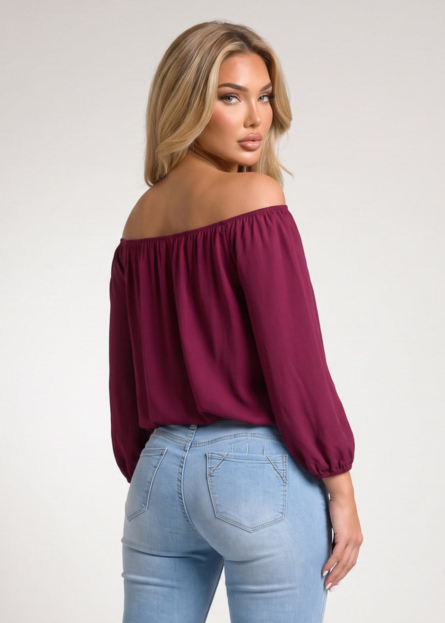 Off Shoulder Drawstring Waist Blouse Burgundy, view 2 of 2