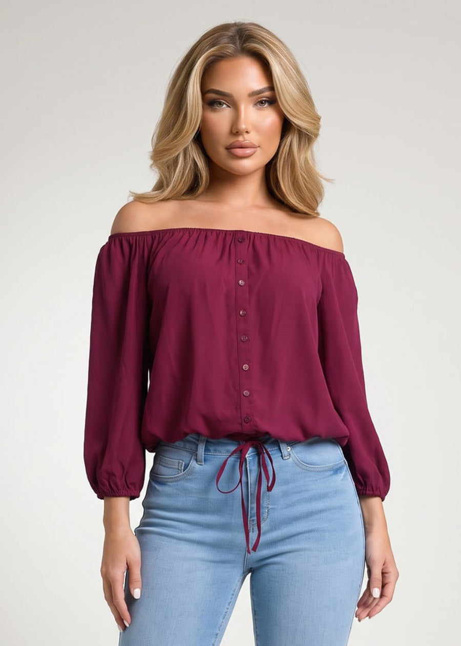 Off Shoulder Drawstring Waist Blouse Burgundy, view 1 of 2