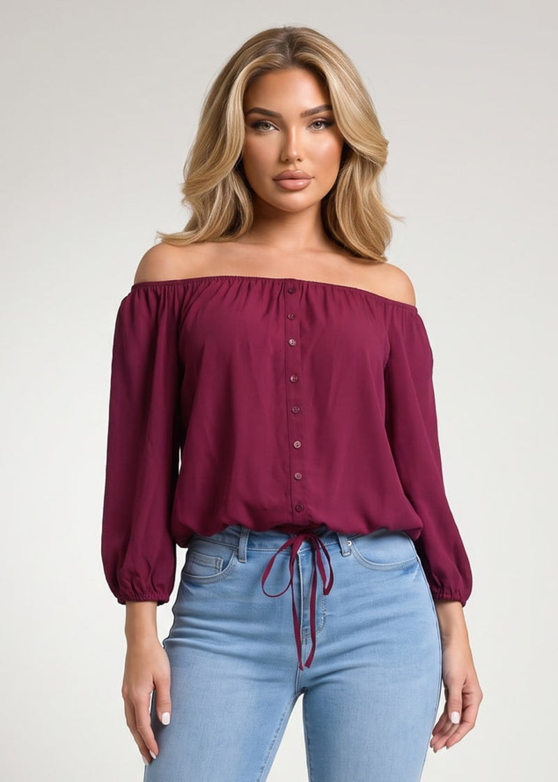 Off Shoulder Drawstring Waist Blouse Burgundy