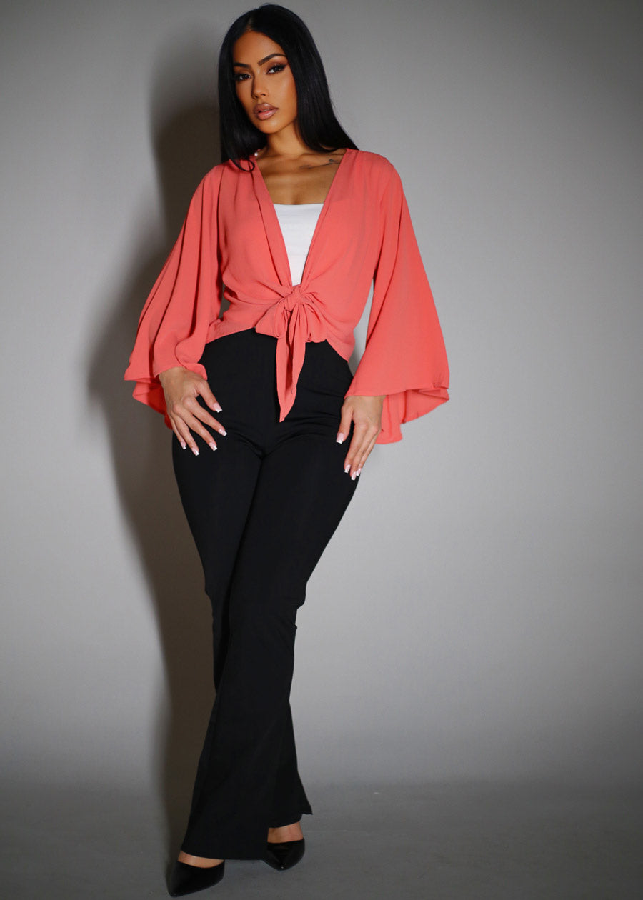 Kimono Sleeve Tie Front Cardigan Terracota