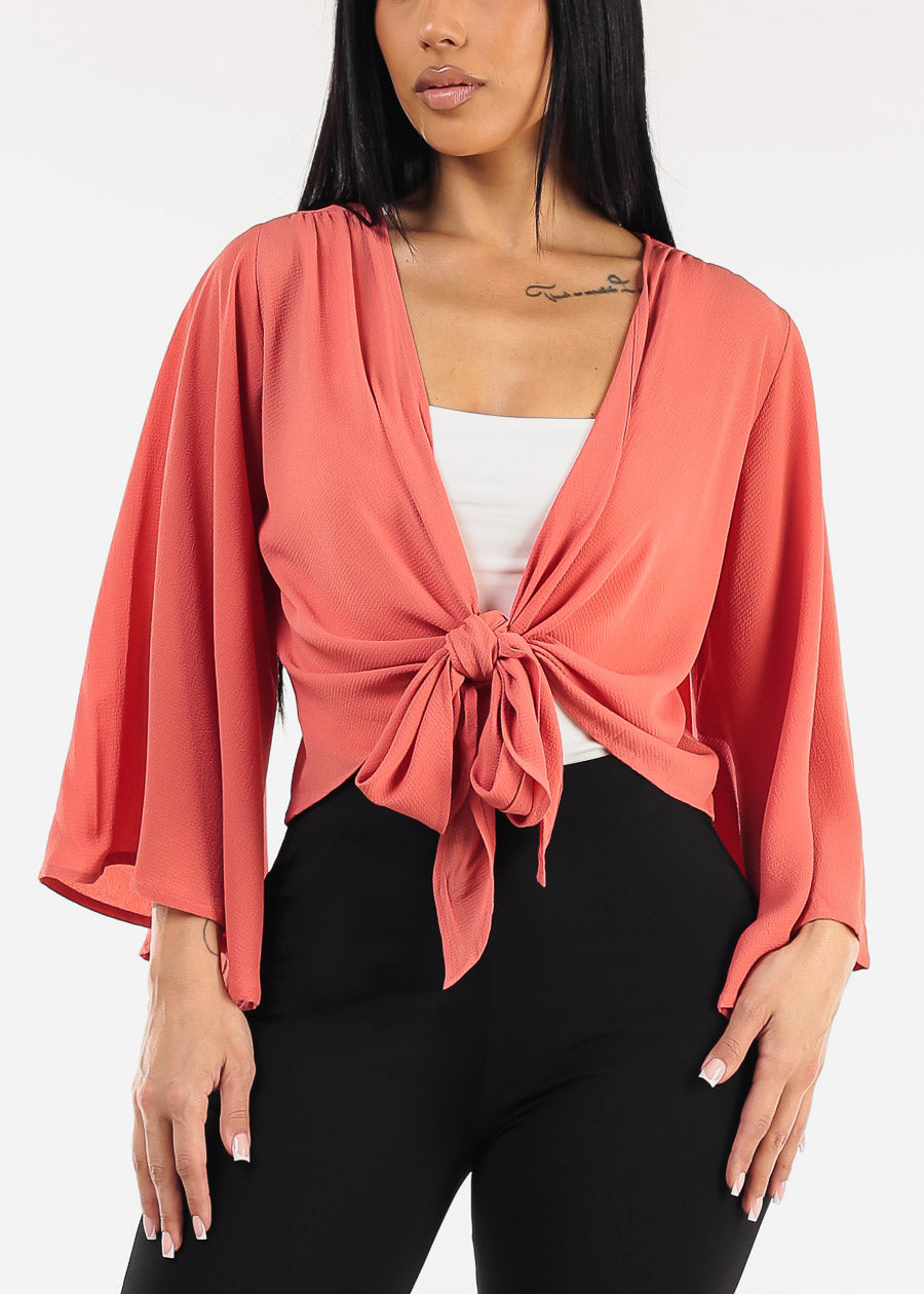 Kimono Sleeve Tie Front Cardigan Terracota