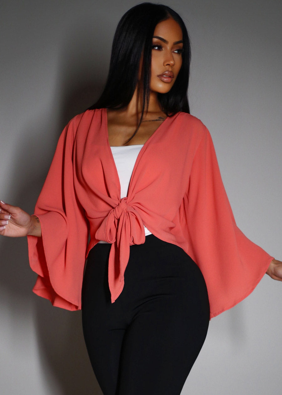 Kimono Sleeve Tie Front Cardigan Terracota