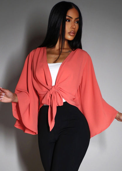 Kimono Sleeve Tie Front Cardigan Terracota