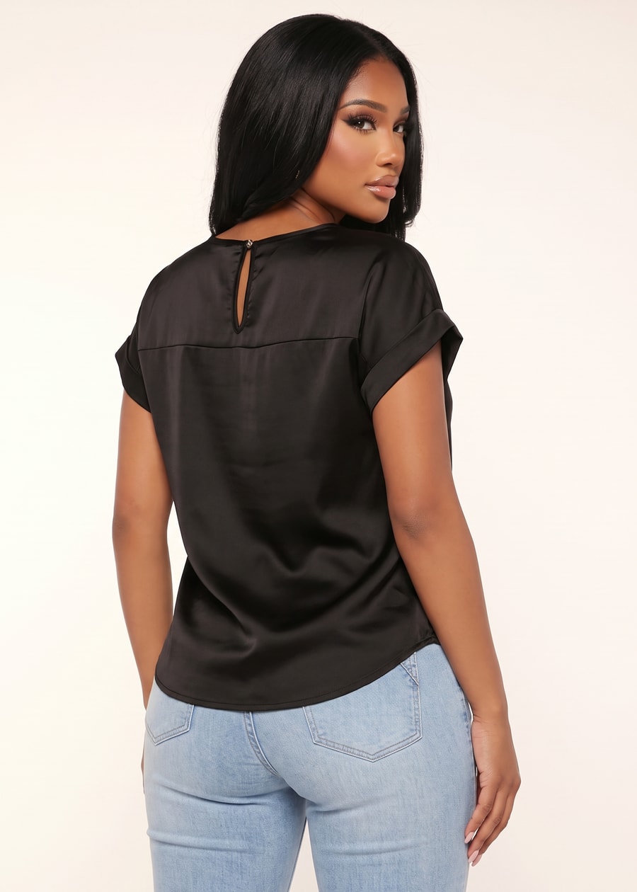 Short Sleeve Round Neck Satin Blouse Black, view 2 of 2