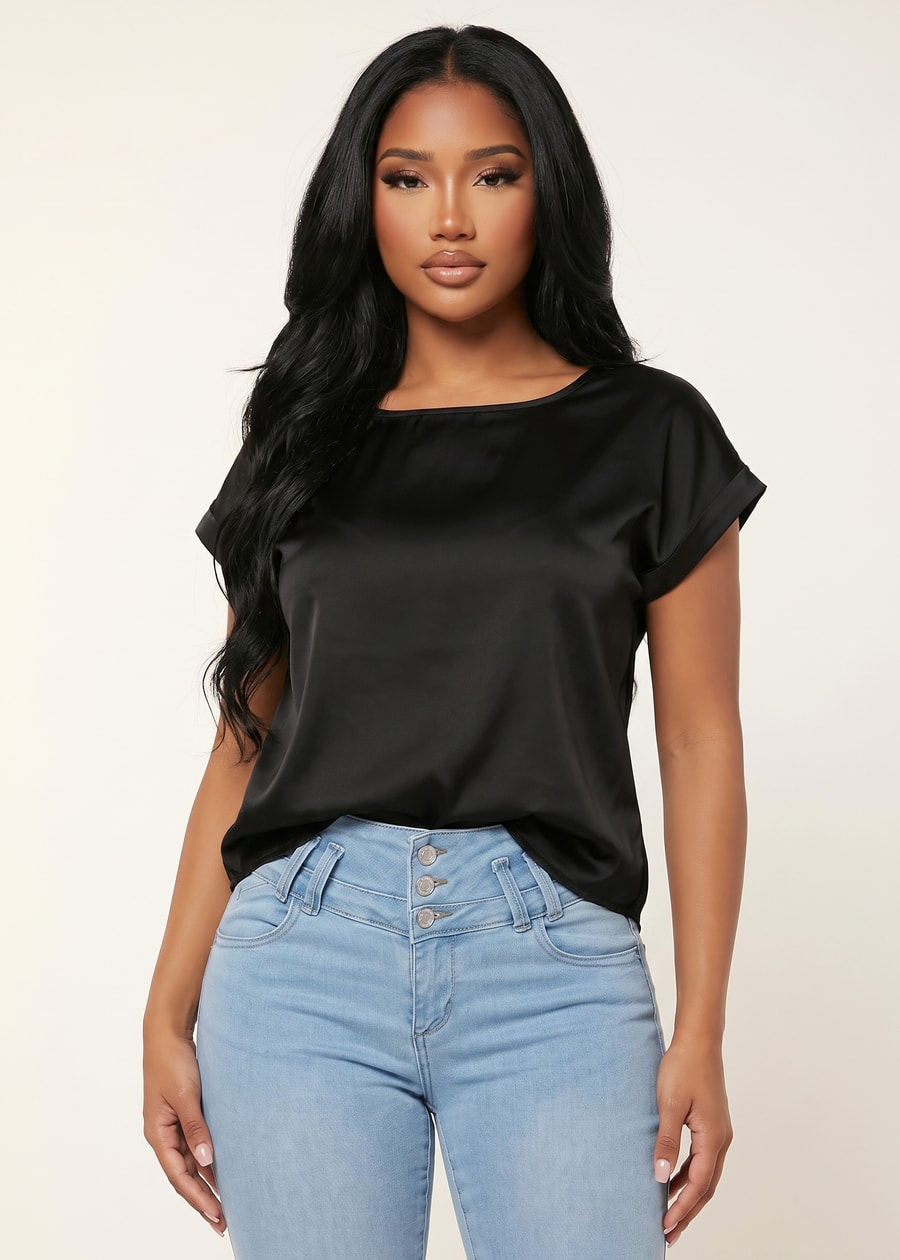 Short Sleeve Round Neck Satin Blouse Black, view 1 of 2