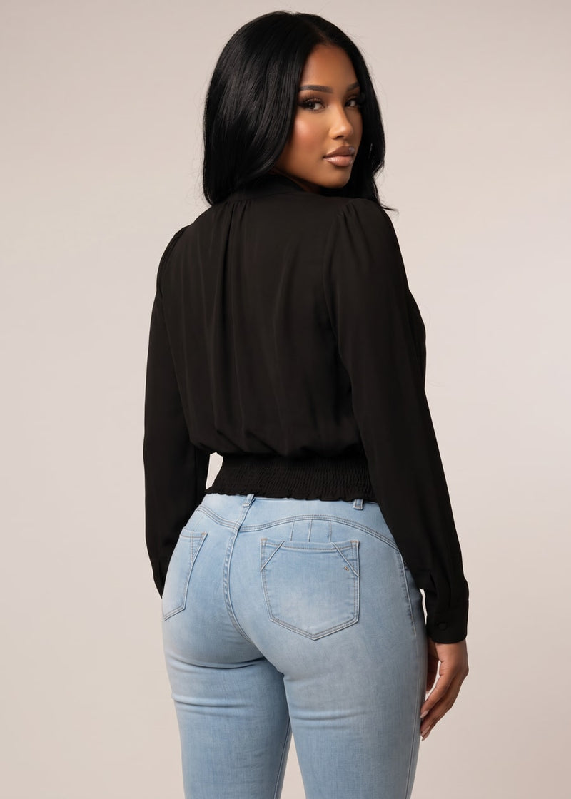 Surplice Long Sleeve Smocked Waist Blouse Black