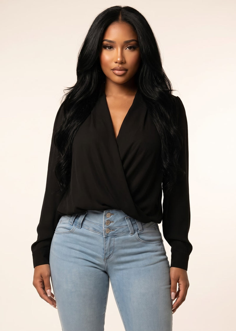 Surplice Long Sleeve Smocked Waist Blouse Black