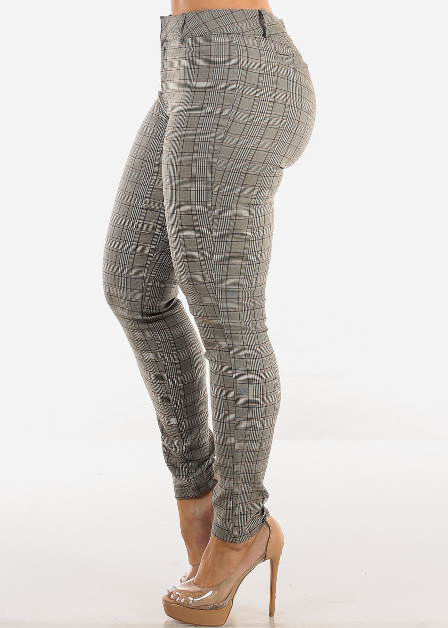 High Waisted Plaid Skinny Pants Brown