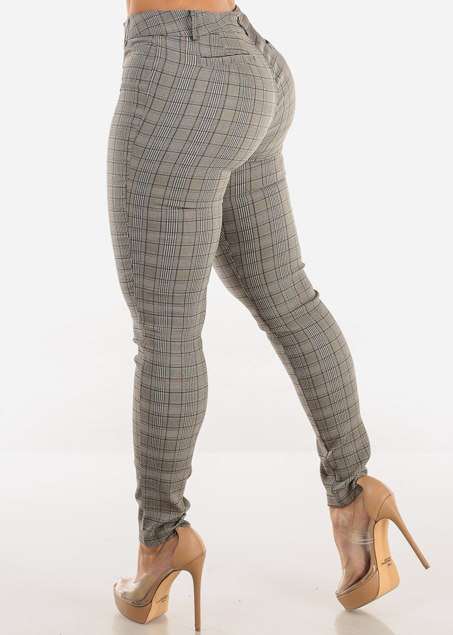 High Waisted Plaid Skinny Pants Brown