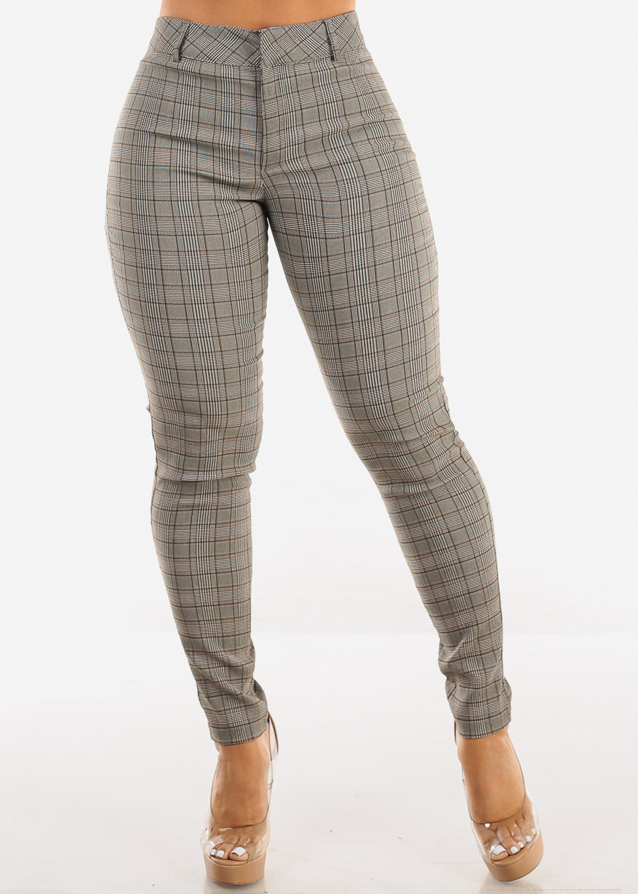 High Waisted Plaid Skinny Pants Brown