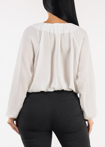 Long Sleeve White Pleated Blouse
