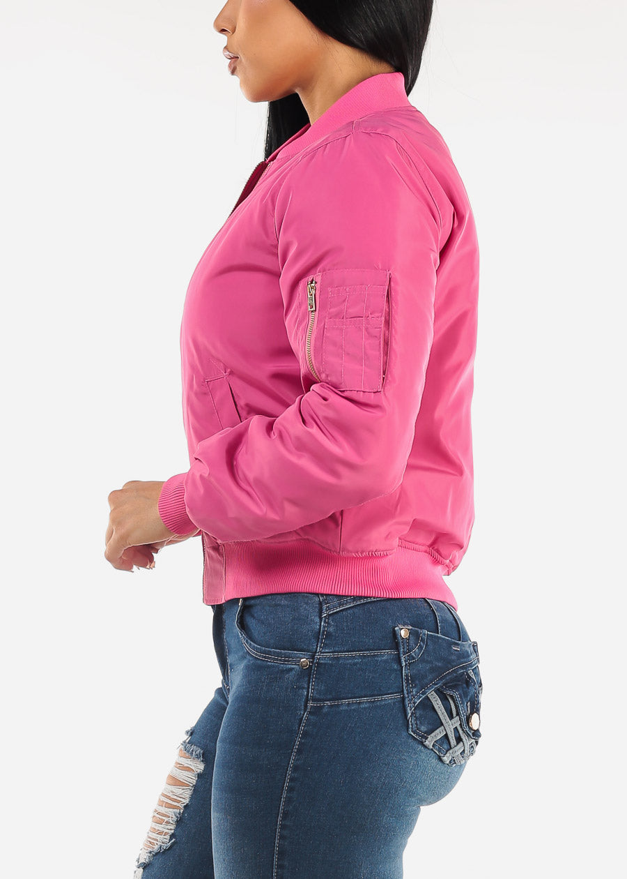 Zip Up Windbreaker Bomber Jacket Hot Pink