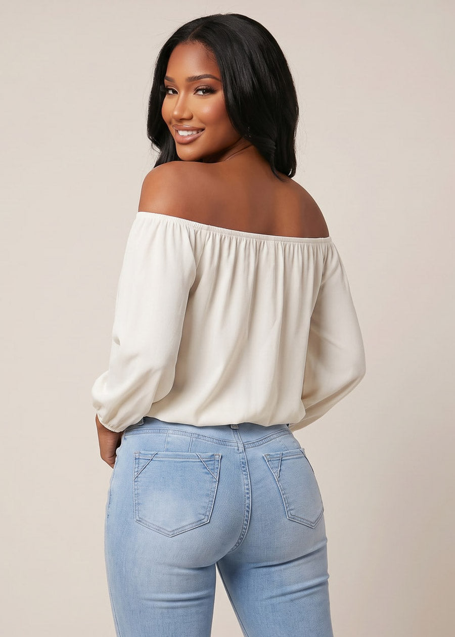 Off Shoulder Drawstring Waist Blouse White, view 2 of 2