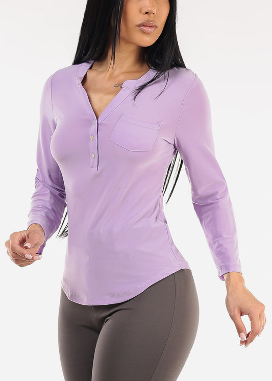 Long Sleeve Stretchy Henley Blouse Lavender