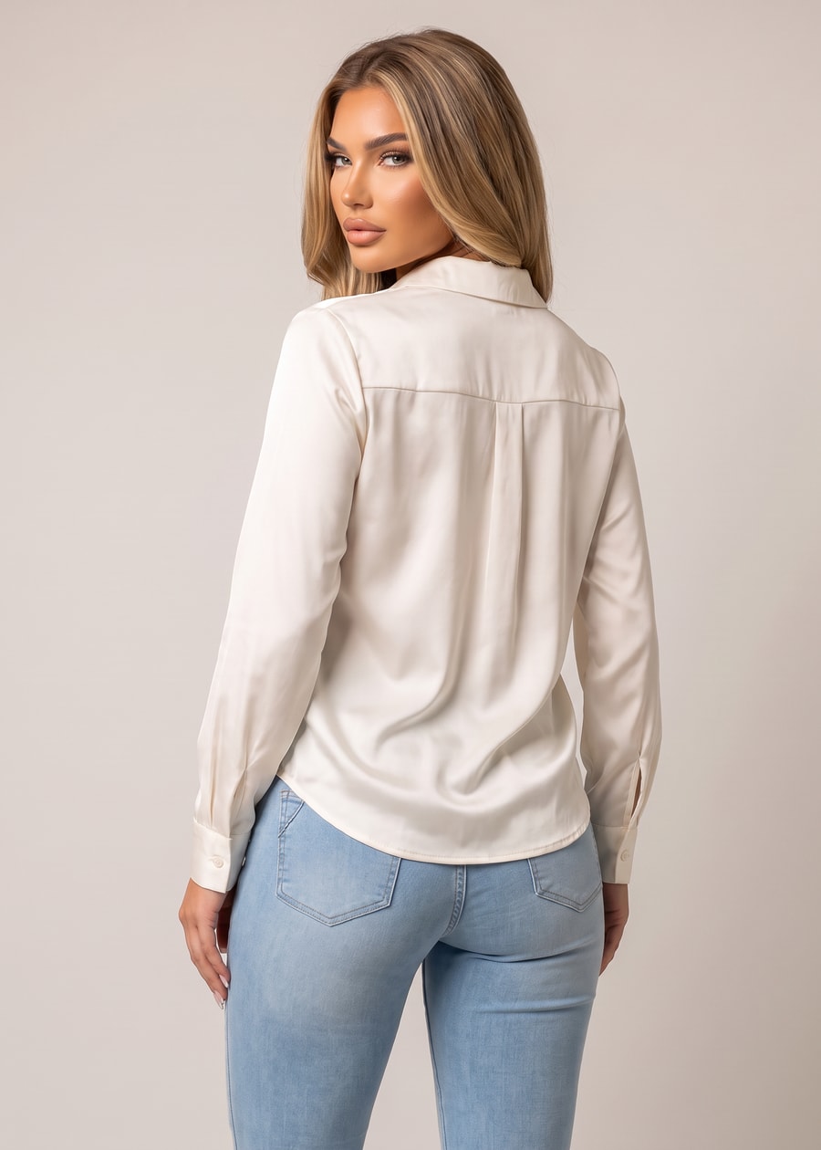 Long Sleeve Button Down Stretch Satin Blouse Ivory, view 2 of 2