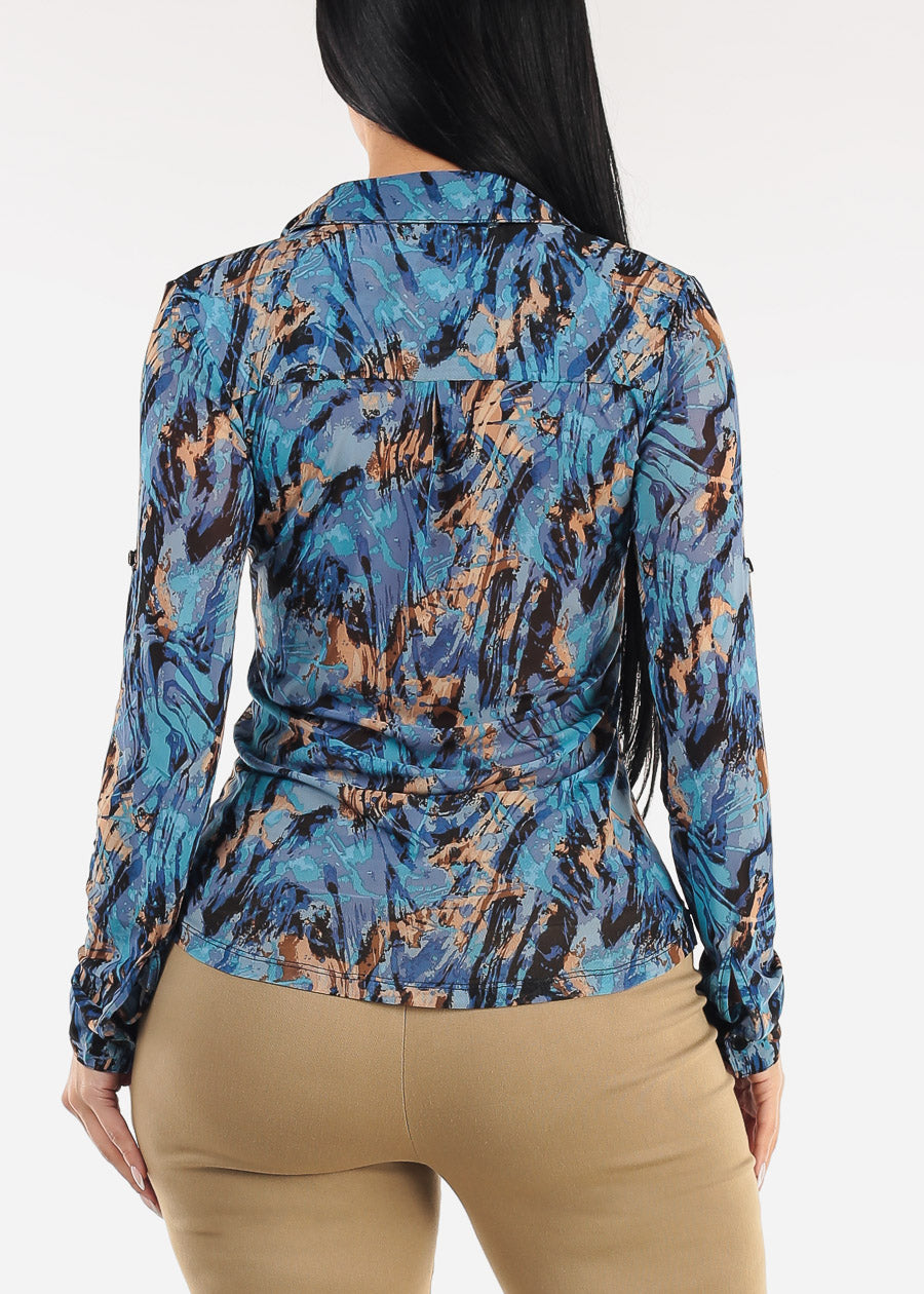 Stretch Long Sleeve Button Up Mesh Blouse Abstract Print Blue