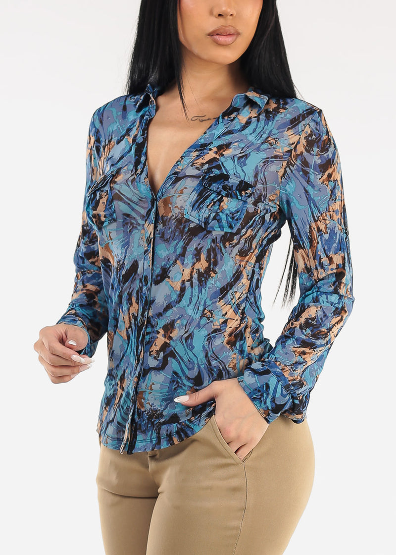 Stretch Long Sleeve Button Up Mesh Blouse Abstract Print Blue