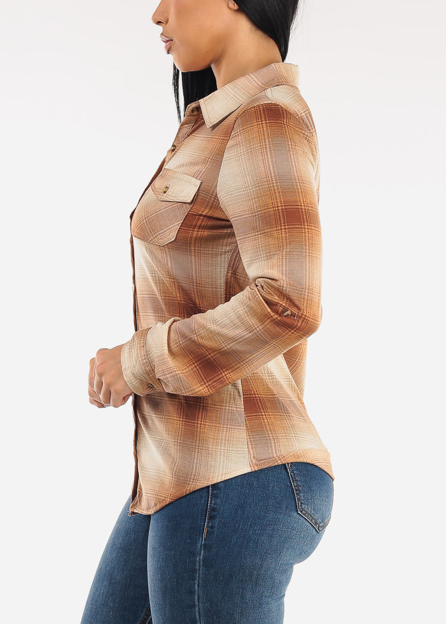Stretch Long Sleeve Plaid Button Up Collared Blouse Cream & Sand