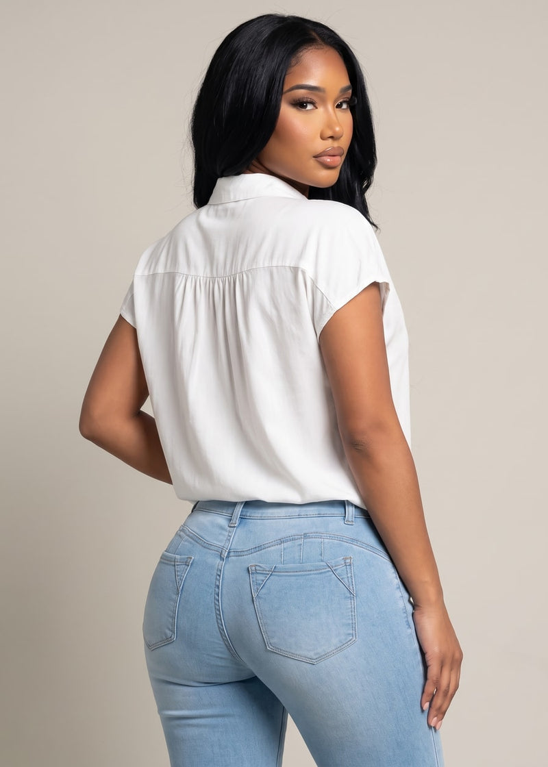 Puff Short Sleeve Button Up Cotton Collared Blouse White