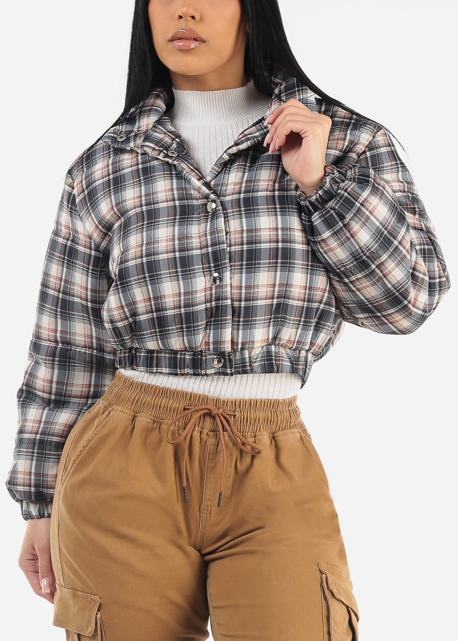 Long Sleeve Plaid Cropped Puffer Jacket Navy