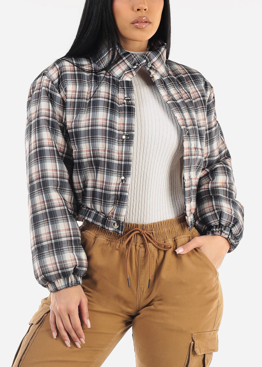 Long Sleeve Plaid Cropped Puffer Jacket Navy