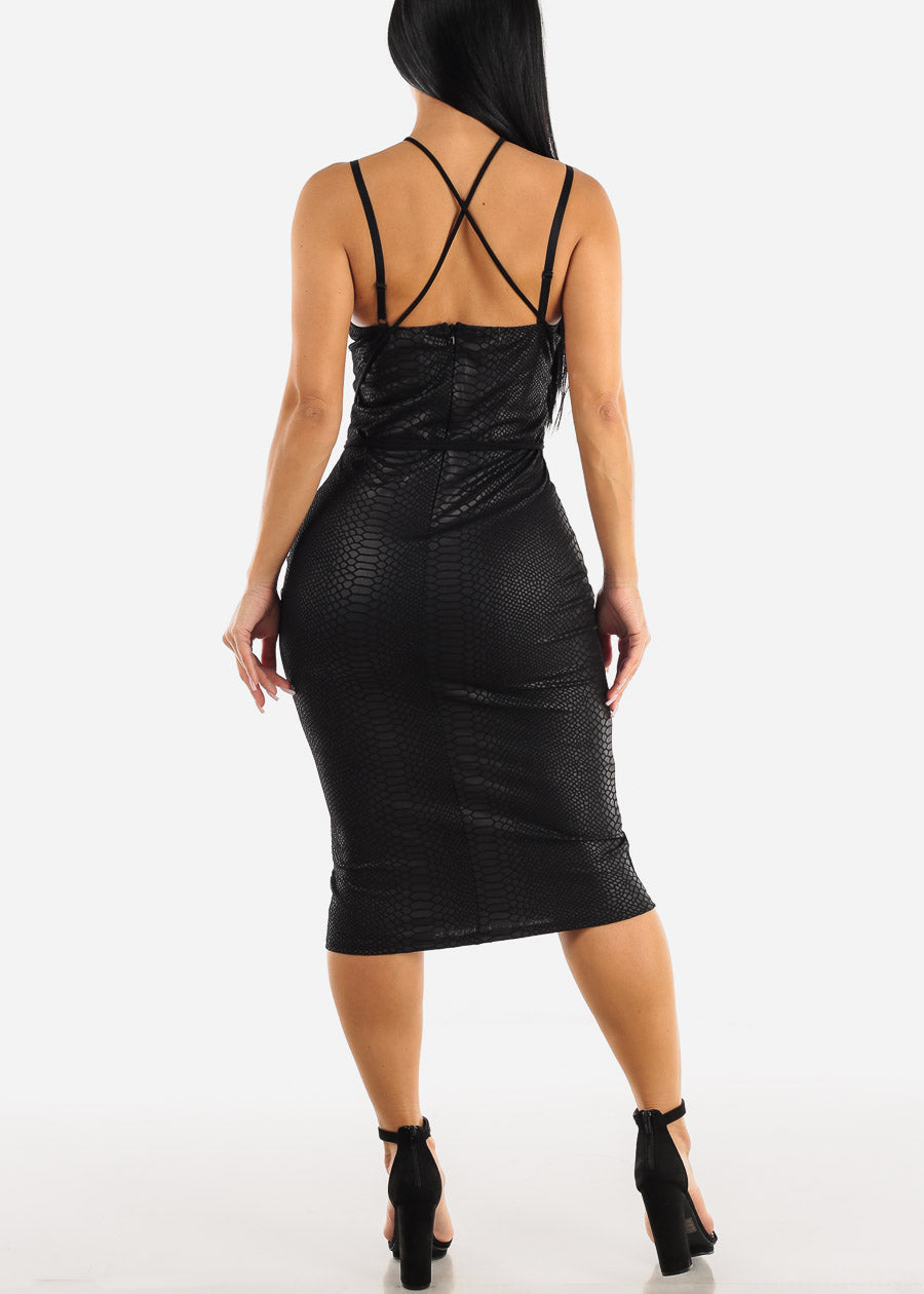 Strappy Lace Bust Vegan Leather Midi Dress