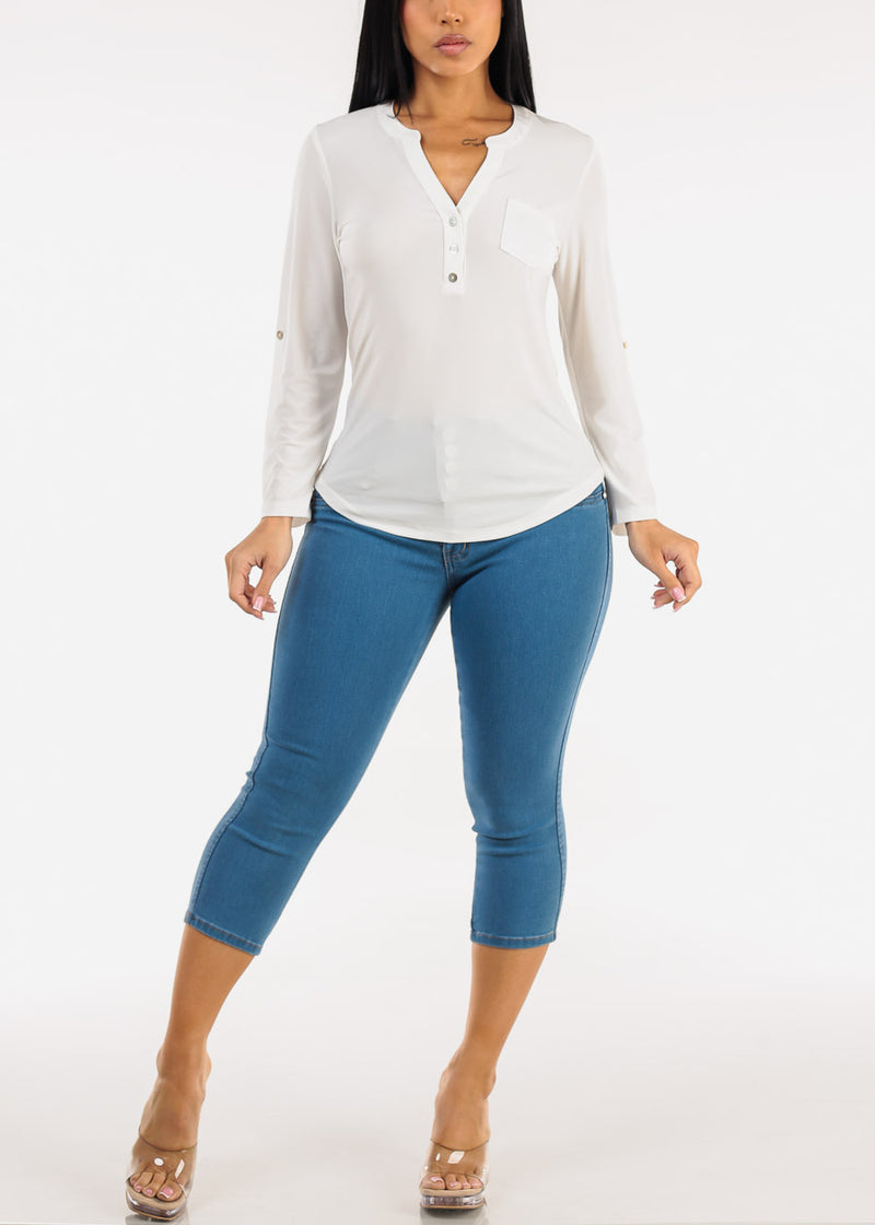 Long Sleeve Stretchy Henley Blouse Ivory