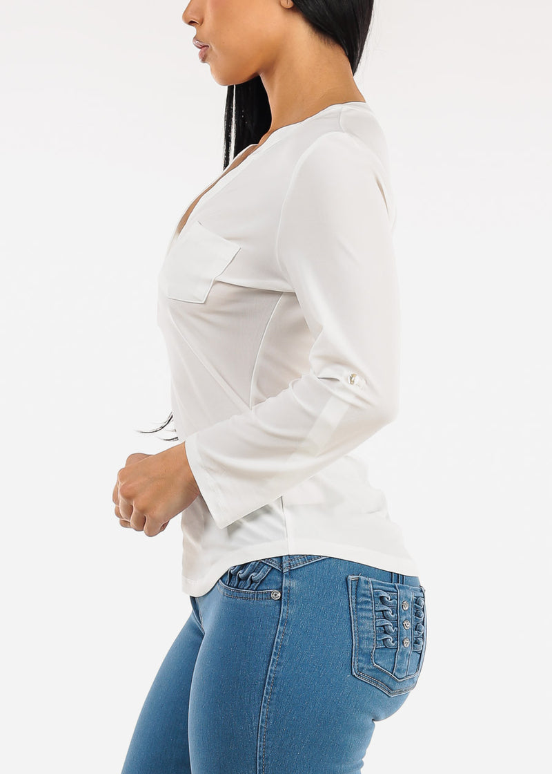 Long Sleeve Stretchy Henley Blouse Ivory