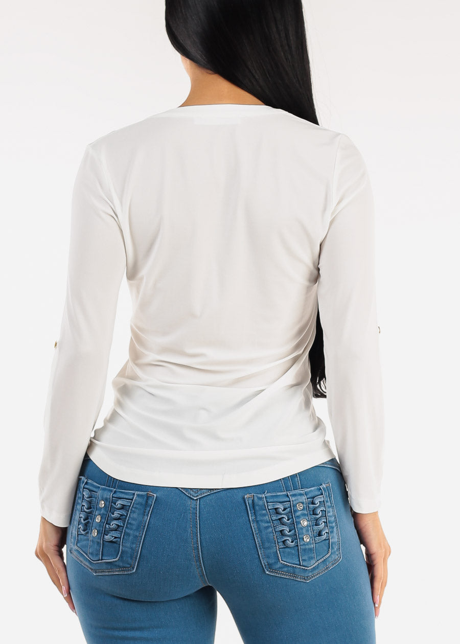 Long Sleeve Stretchy Henley Blouse Ivory