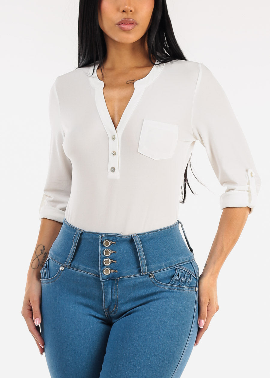 Long Sleeve Stretchy Henley Blouse Ivory