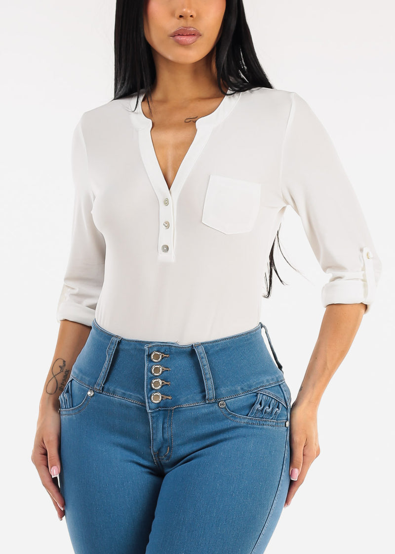 Long Sleeve Stretchy Henley Blouse Ivory
