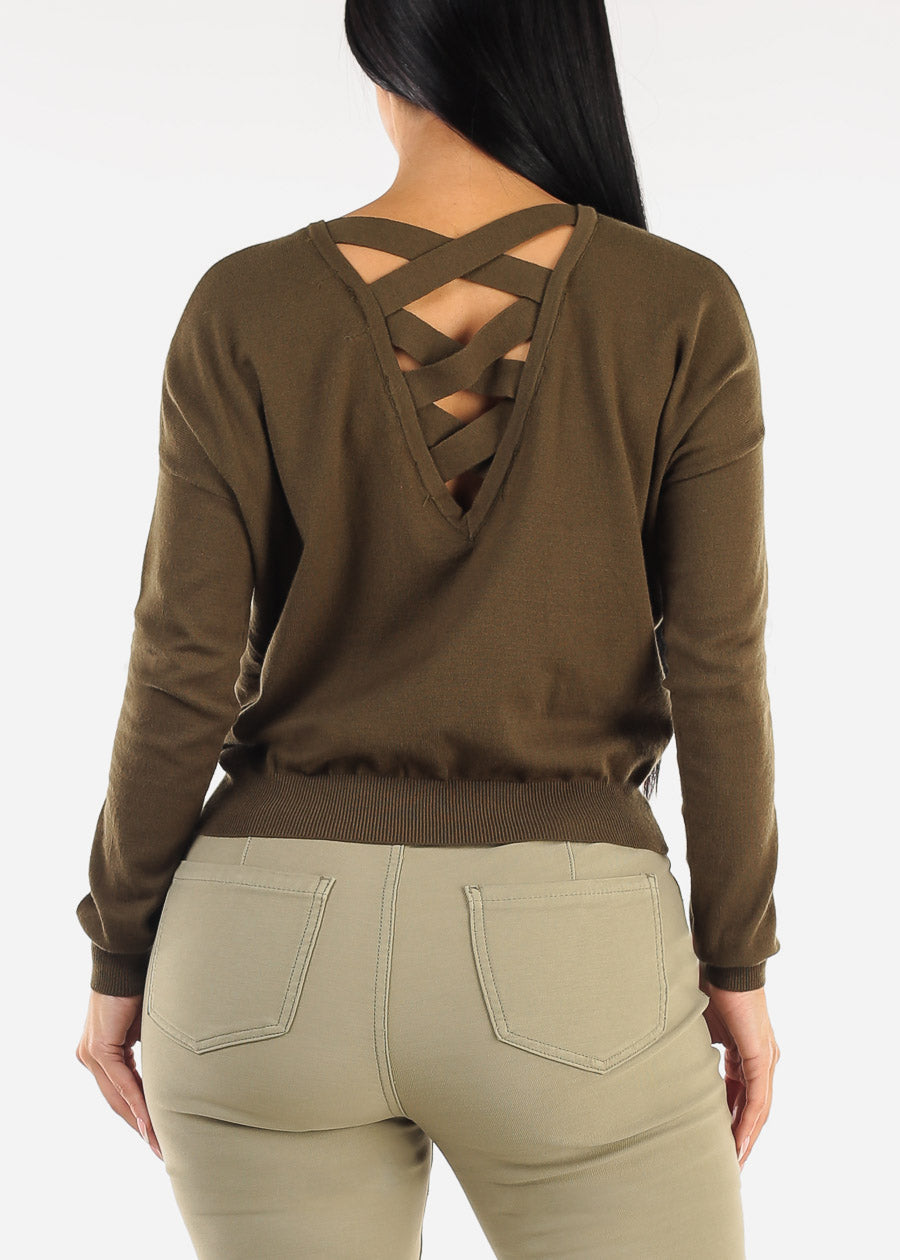 Criss Cross Back Long Sleeve Sweater Top Olive