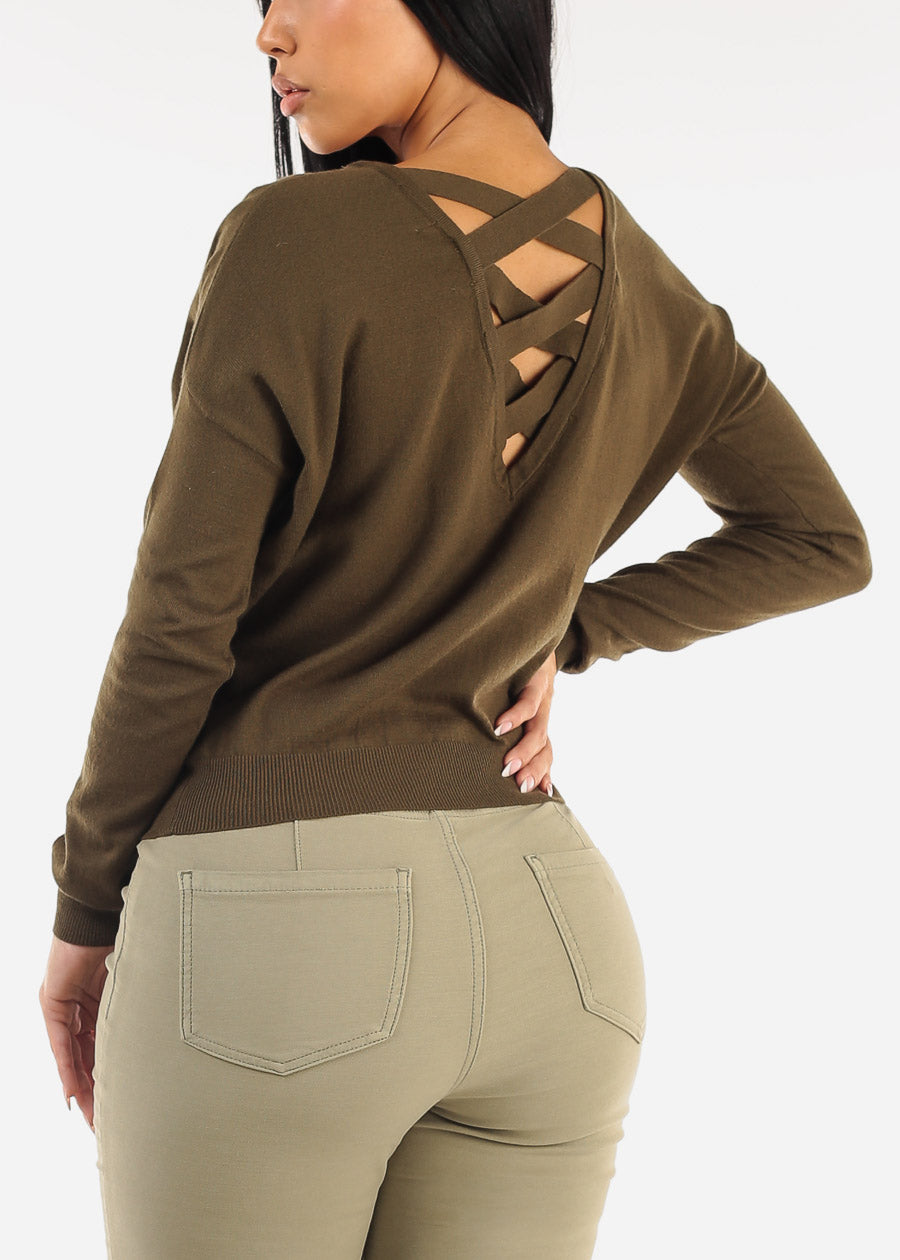 Criss Cross Back Long Sleeve Sweater Top Olive