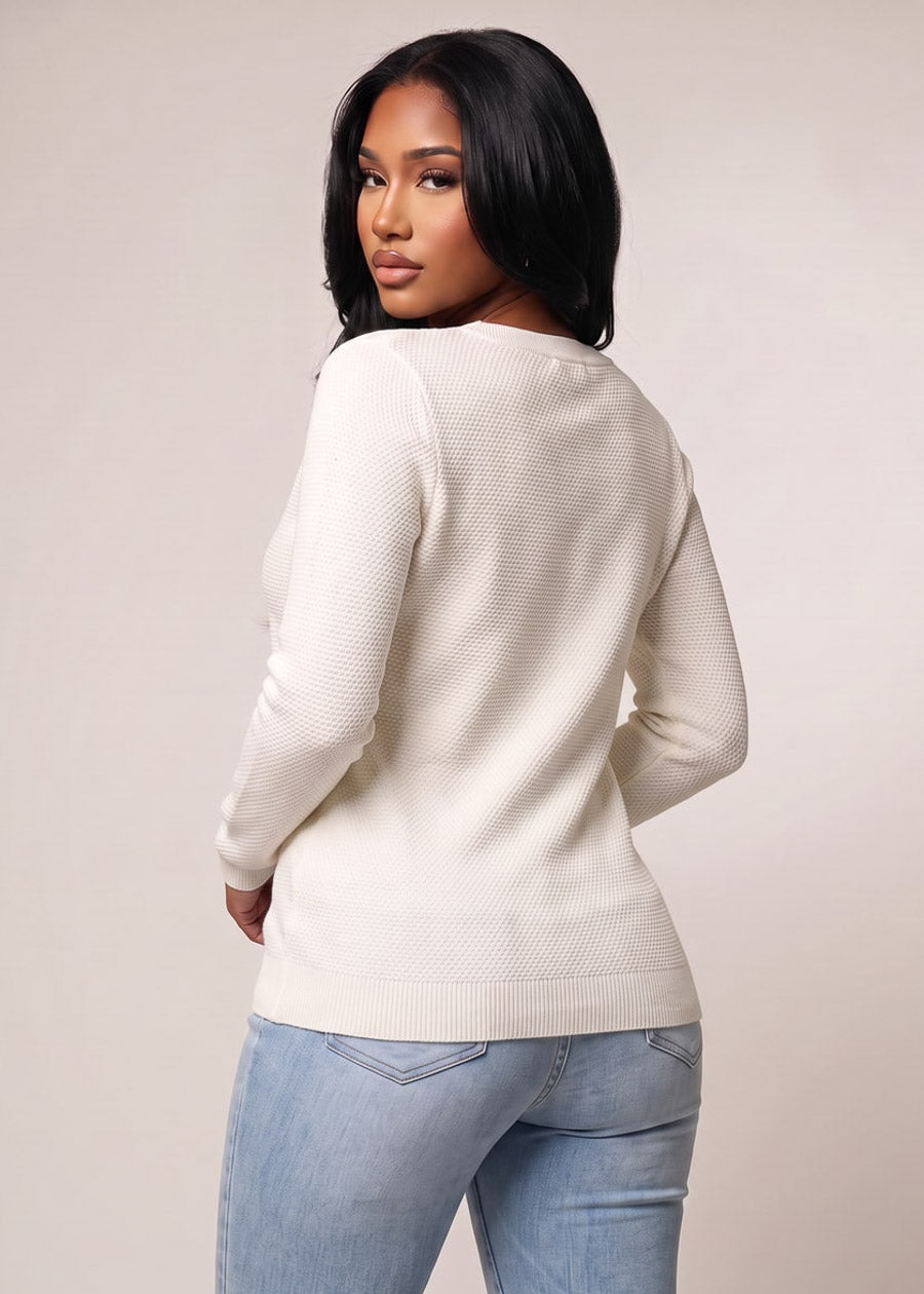 Long Sleeve Vneck Fine Gauge Stretch Sweater Top Ivory, view 4 of 4