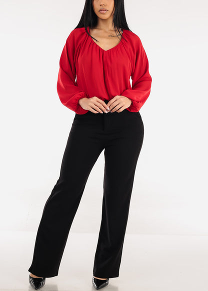 Long Sleeve Vneck Pleated Blouse Red