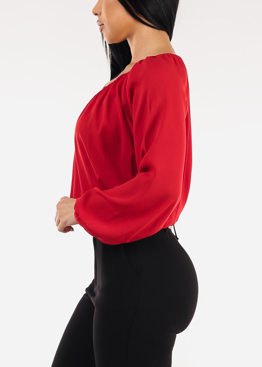 Long Sleeve Vneck Pleated Blouse Red