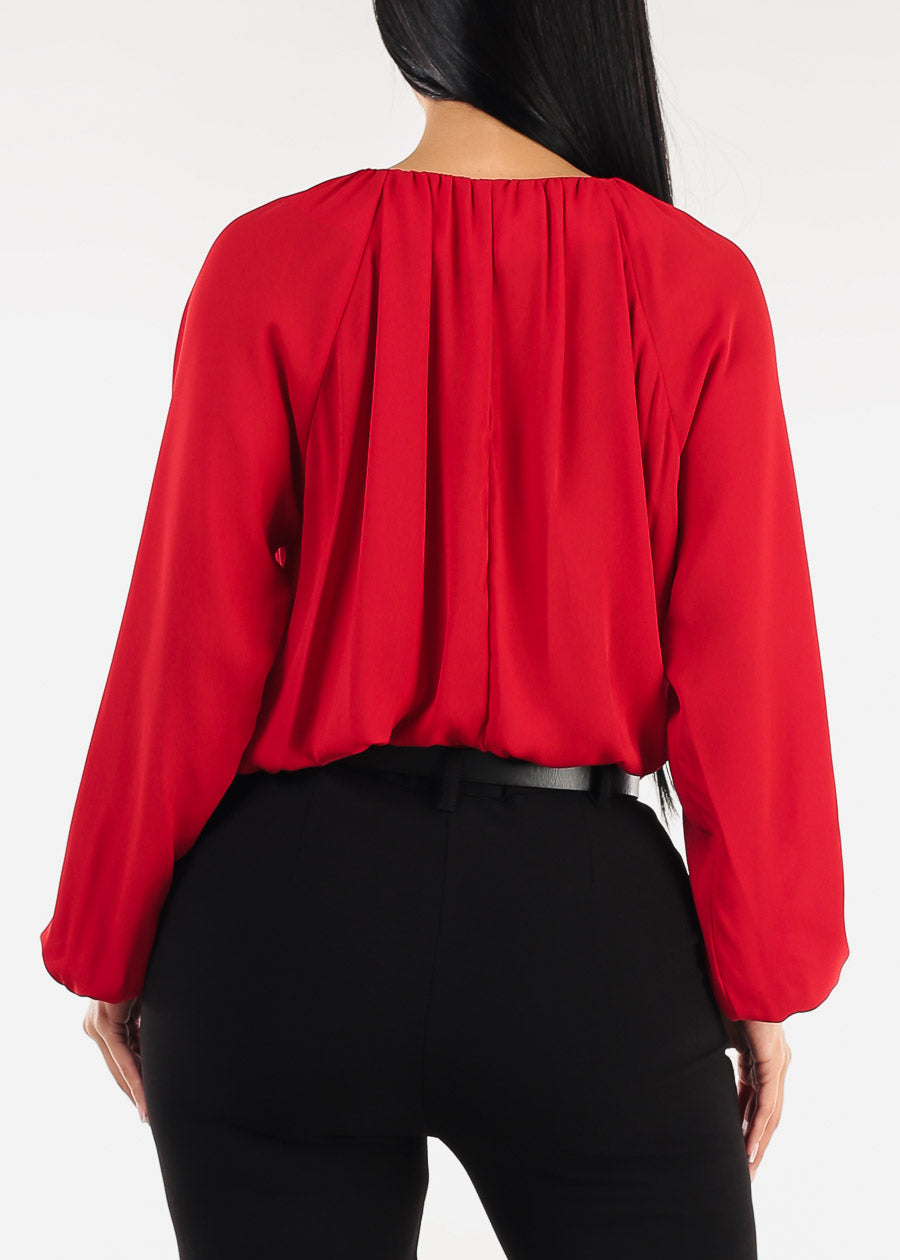 Long Sleeve Vneck Pleated Blouse Red