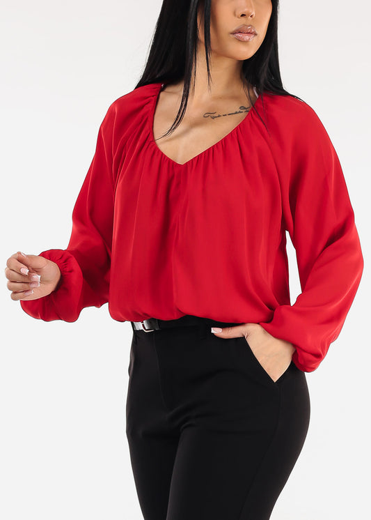 Long Sleeve Vneck Pleated Blouse Red