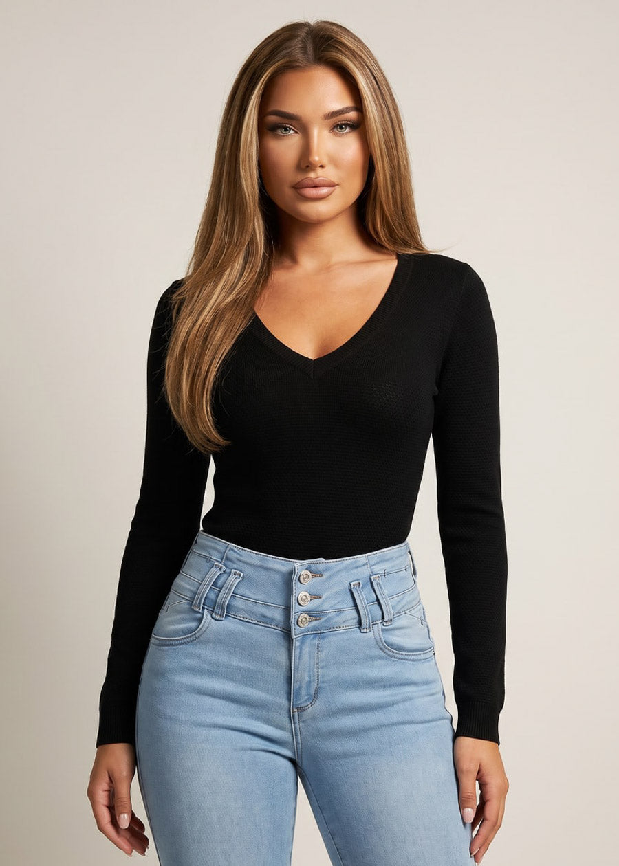 Long Sleeve Vneck Fine Gauge Stretch Sweater Top Black, view 3 of 4
