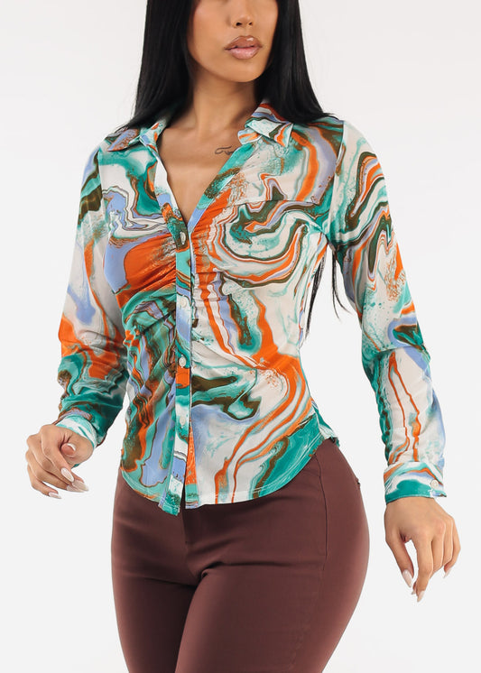 Ruched Long Sleeve Button Up Printed Mesh Blouse Teal