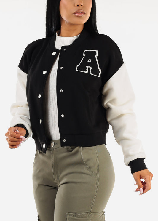 Long Sleeve Fleece Varsity Jacket Black