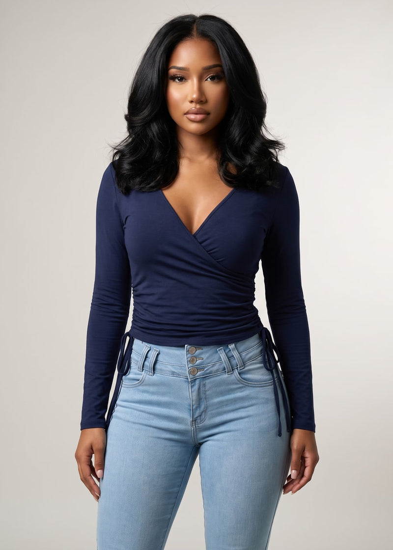 Long Sleeve Vneck Surplice Stretch Top Navy w Side Ruching
