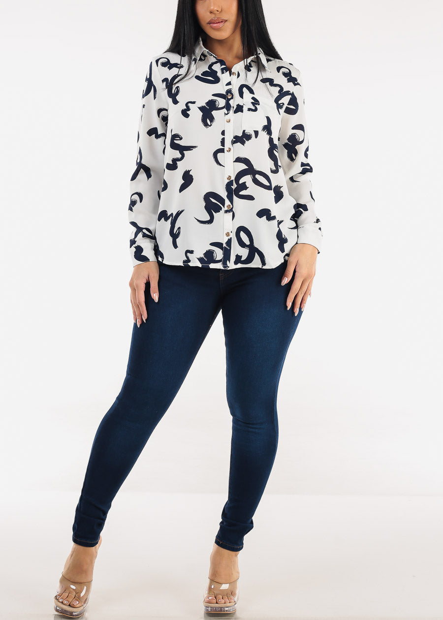 Long Sleeve Button Down Printed Blouse Ivory