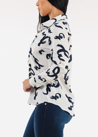 Long Sleeve Button Down Printed Blouse Ivory