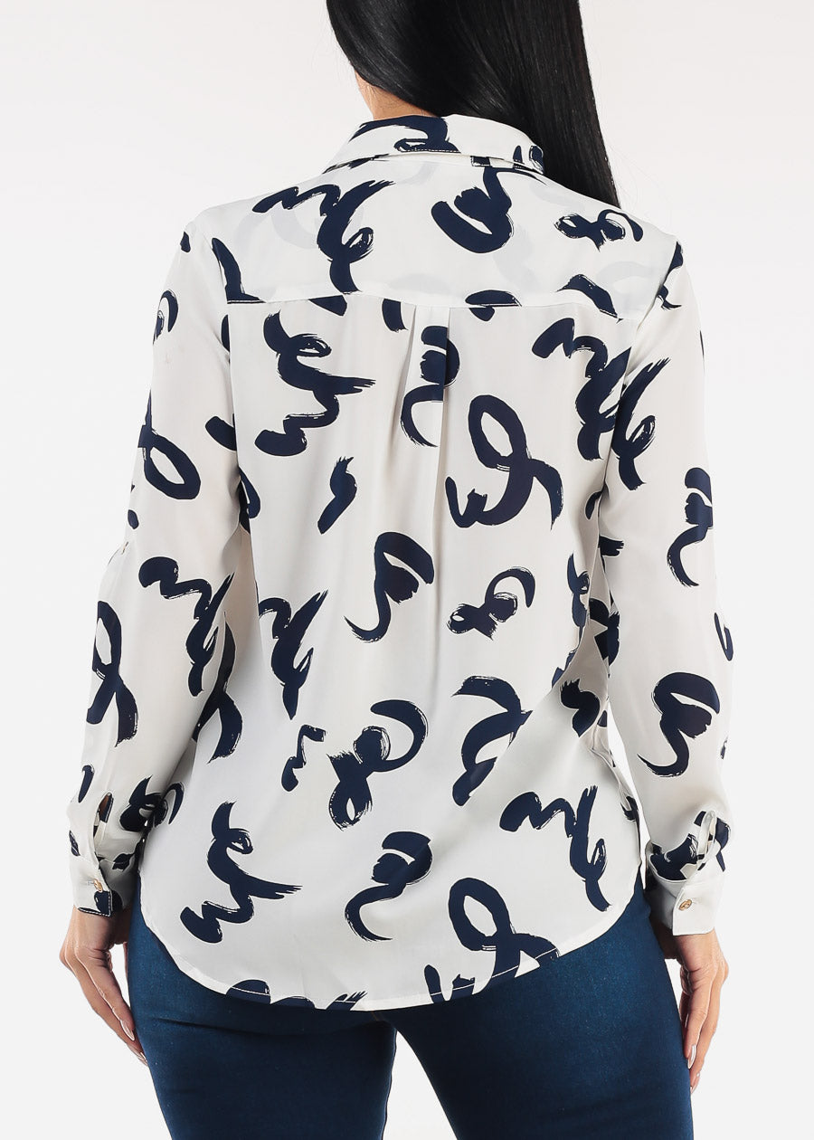 Long Sleeve Button Down Printed Blouse Ivory