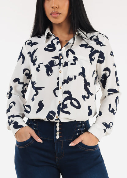 Long Sleeve Button Down Printed Blouse Ivory