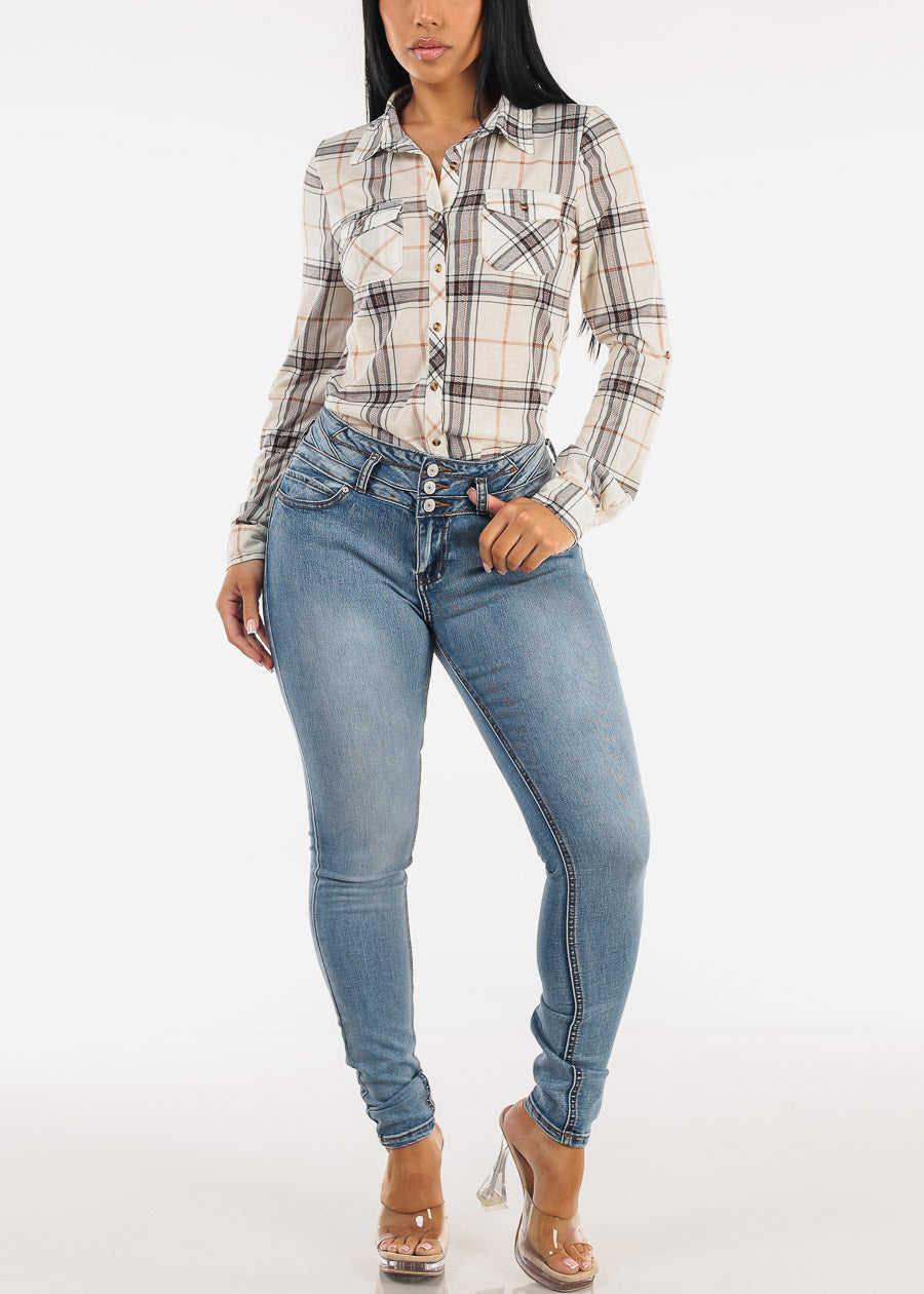 Stretch Long Sleeve Plaid Button Up Collared Blouse Ivory Khaki