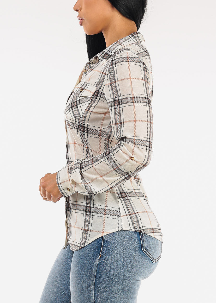 Stretch Long Sleeve Plaid Button Up Collared Blouse Ivory Khaki