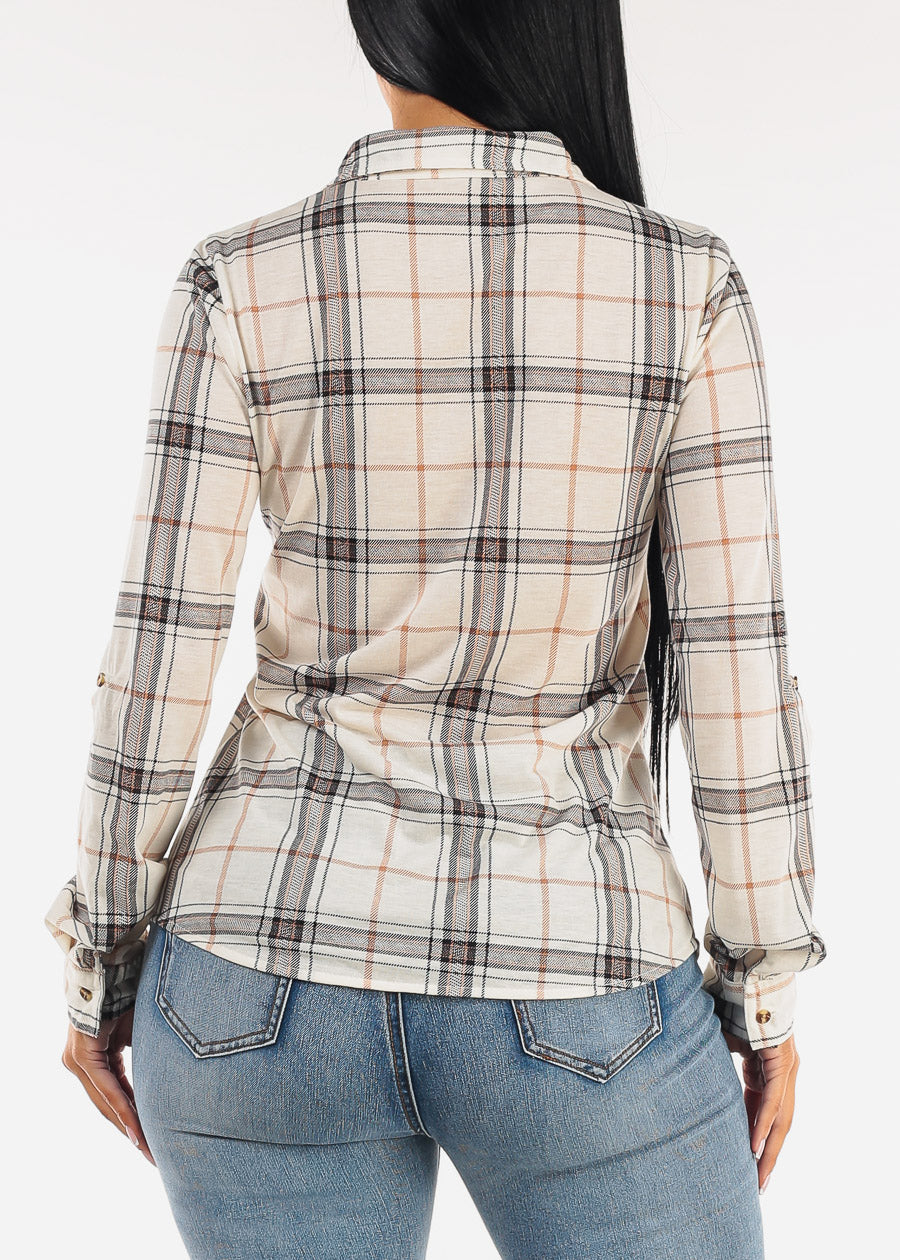 Stretch Long Sleeve Plaid Button Up Collared Blouse Ivory Khaki