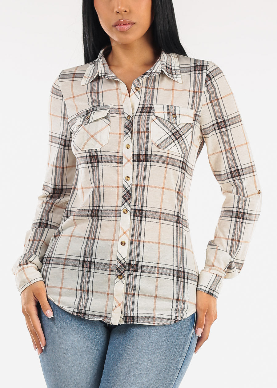 Stretch Long Sleeve Plaid Button Up Collared Blouse Ivory Khaki